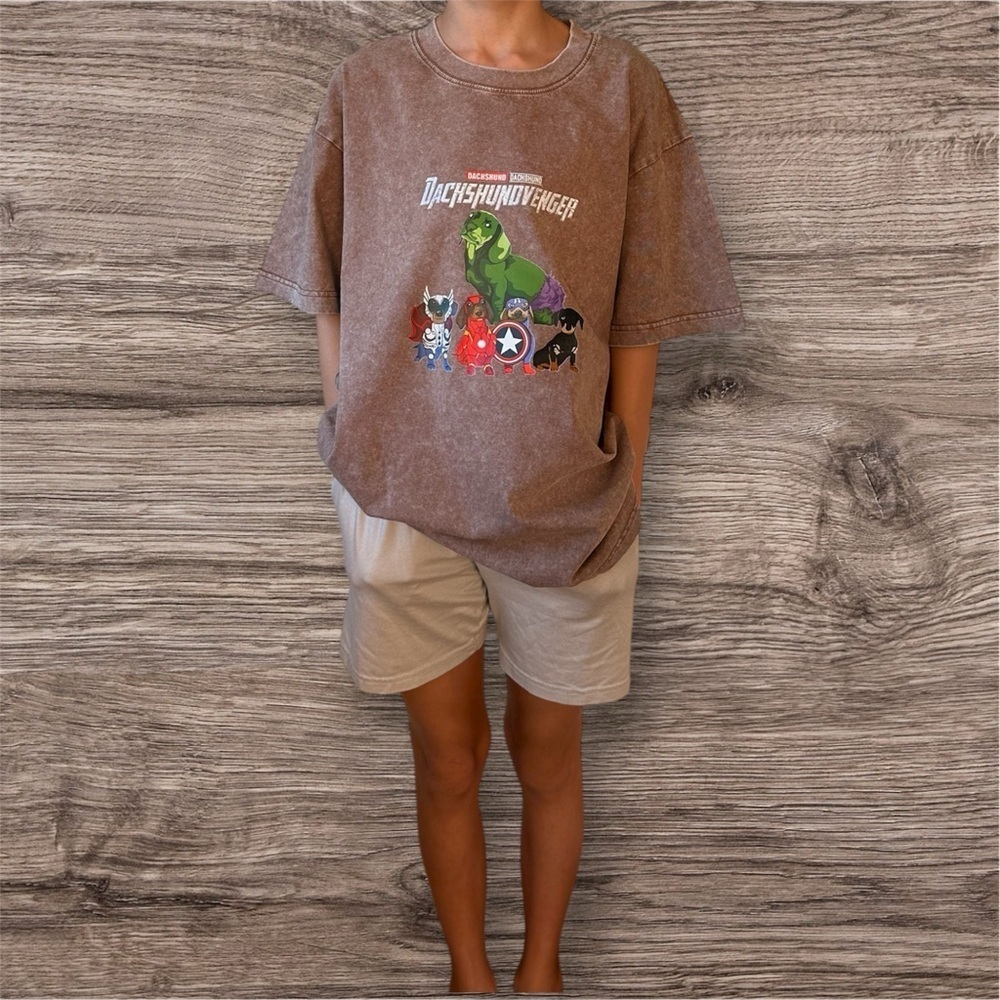 NEW Marvel Dachshundvengers Oversized Coffee Graphic Thick Cotton Tee